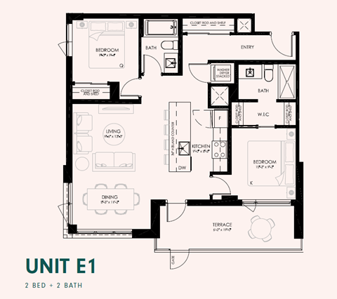 Floor plan for 2 beds, 2 baths, 937 sqft